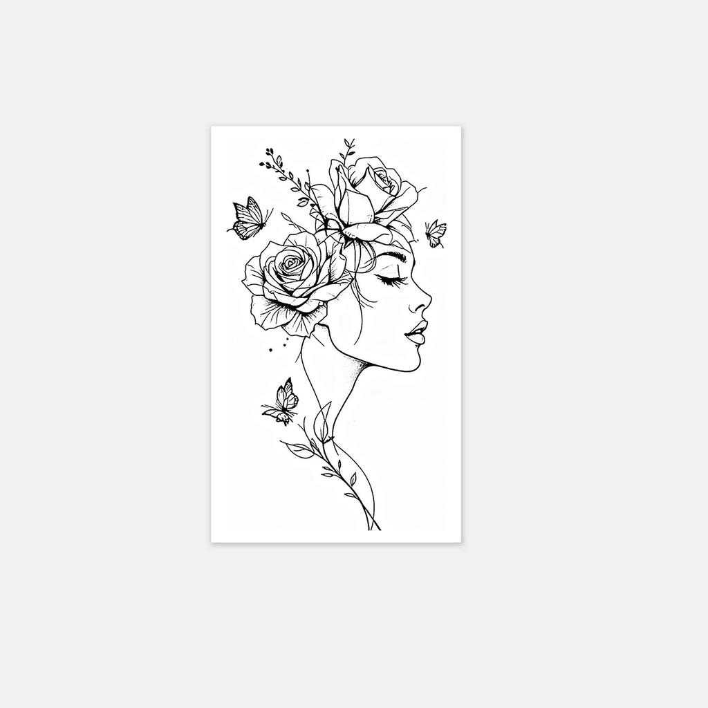 Rose Muse Side Face Tattoo Sticker, Waterproof And Long-Lasting, Thin Line Plant Butterfly, Girl Calf Tattoo