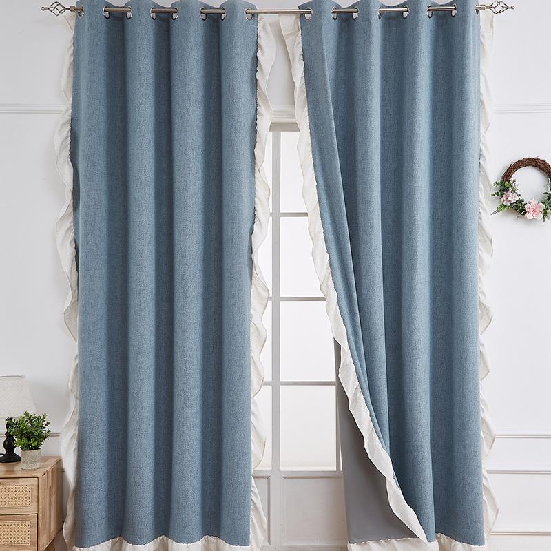 Ruffle Semi-Sheer Curtains, Plain Faux Linen Textured Vintage American Farmhouse Curtain Set for Living Room, Bedroom, Study