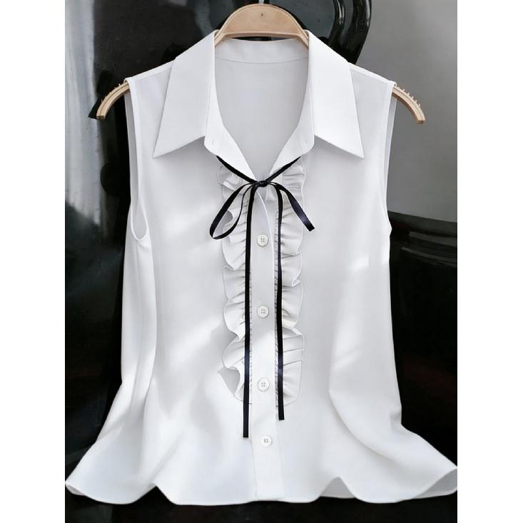 

2026 New Women s Fashion Ruffled Sleeveless Shirt in Apricot Color with Turn-down Collar and Tie S белый