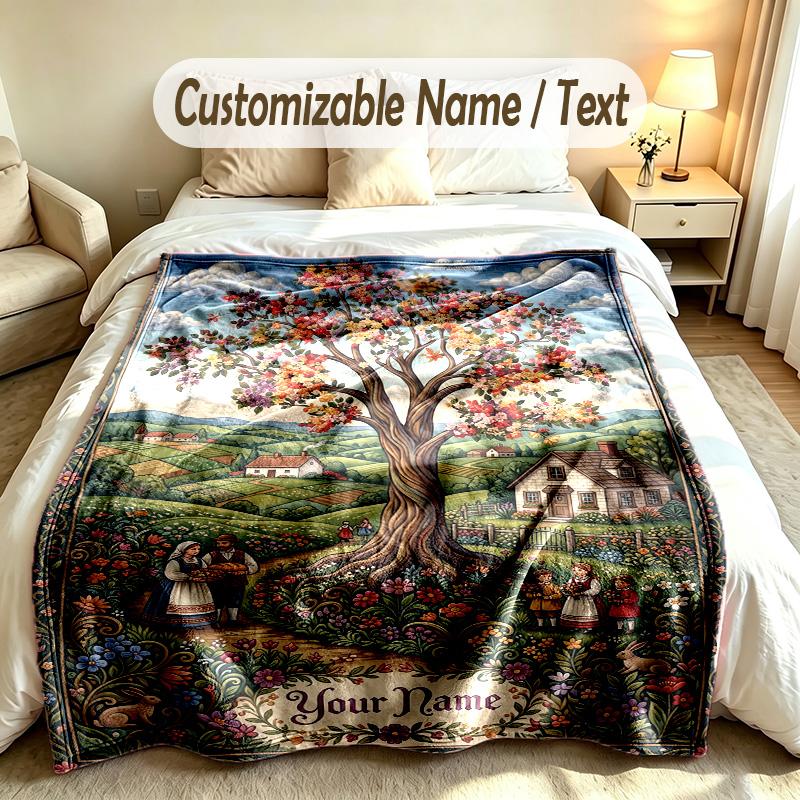 Autumn Harvest Theme Soft Blanket Personalized Custom Name Text Print Warm Blanket Home Sofa Bedroom Decor