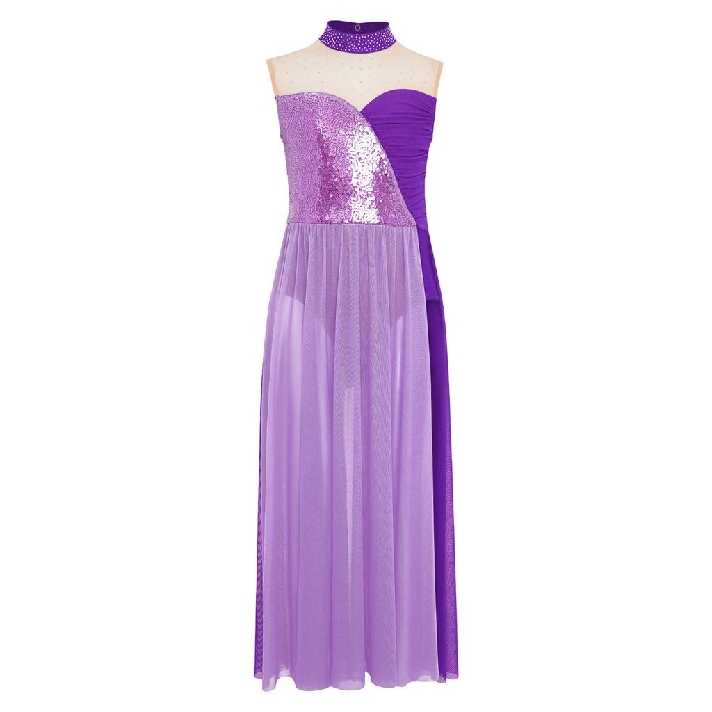Girls Lyrical Performance Dress Sleeveless Sparkling Sequins Top And Color Block Side Split Skirt