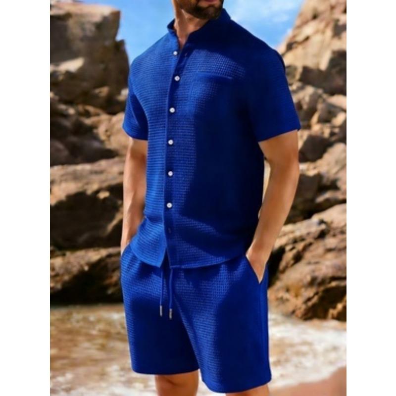Men's Waffle Knit Short Sleeve Button Down Shirt And Drawstring Shorts Set