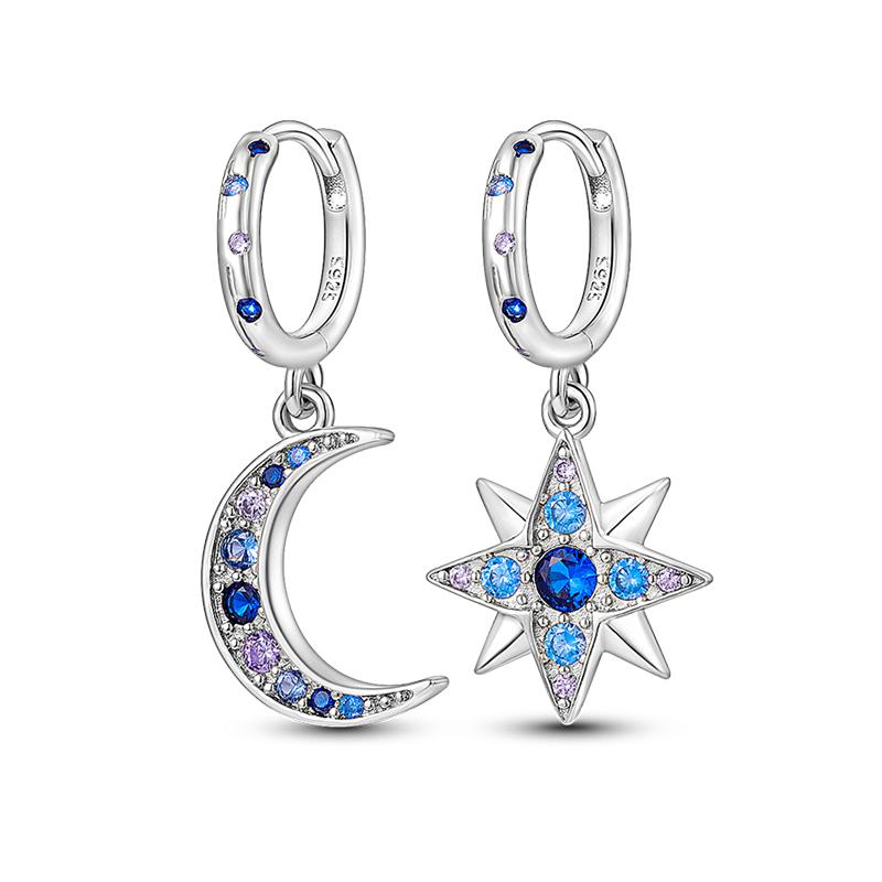 Fashion 925 Silver Color Earrings Blue Zircon Stars Moon Irregularity Earrings For Woman Fine Birthday Jewelry Gifts