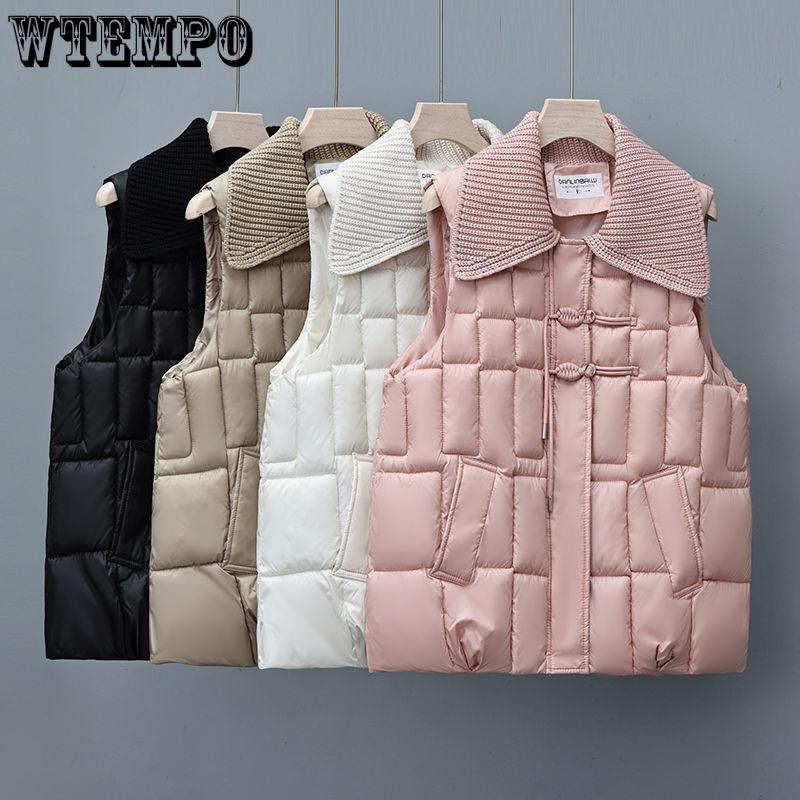 Women's Down Vest with Knitted Lapel Patchwork Vest Outer Wear Button-up Cotton Vest Vest Jacket for Autumn and Winter