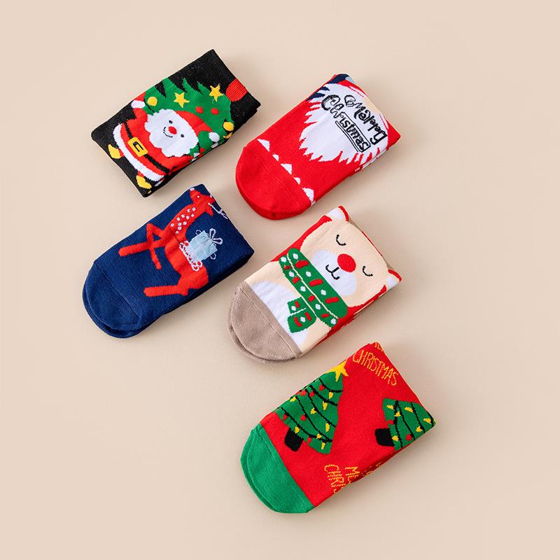 5 Pairs of Winter Warm Knit Socks Autumn and Winter Christmas Stockings, Santa Claus Gifts Snowflakes, Elk, Cute Cartoon Christmas Mid-tube Stockings