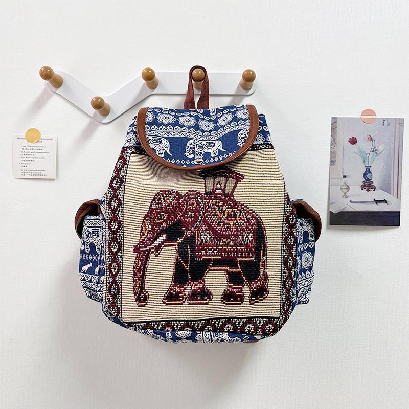 Ethnic Style Embroidered Elephant Canvas Backpack With Hidden Zipper Pocket For Daily Commuting And Travel