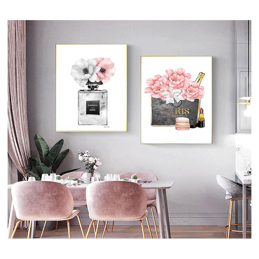 Canvas Art Print Sexy Lips Paintings High Heels Posters Pink Flower Wall Pictures Home Decor Fashion Poster Women Perfume Makeup