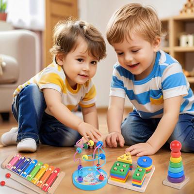 1 Set Wooden Educational Toy Kit with Xylophone Block Stacking Clock Rainbow Stacker Bead Maze Tangram Caterpillar Number Alphabet Learning Board Toy