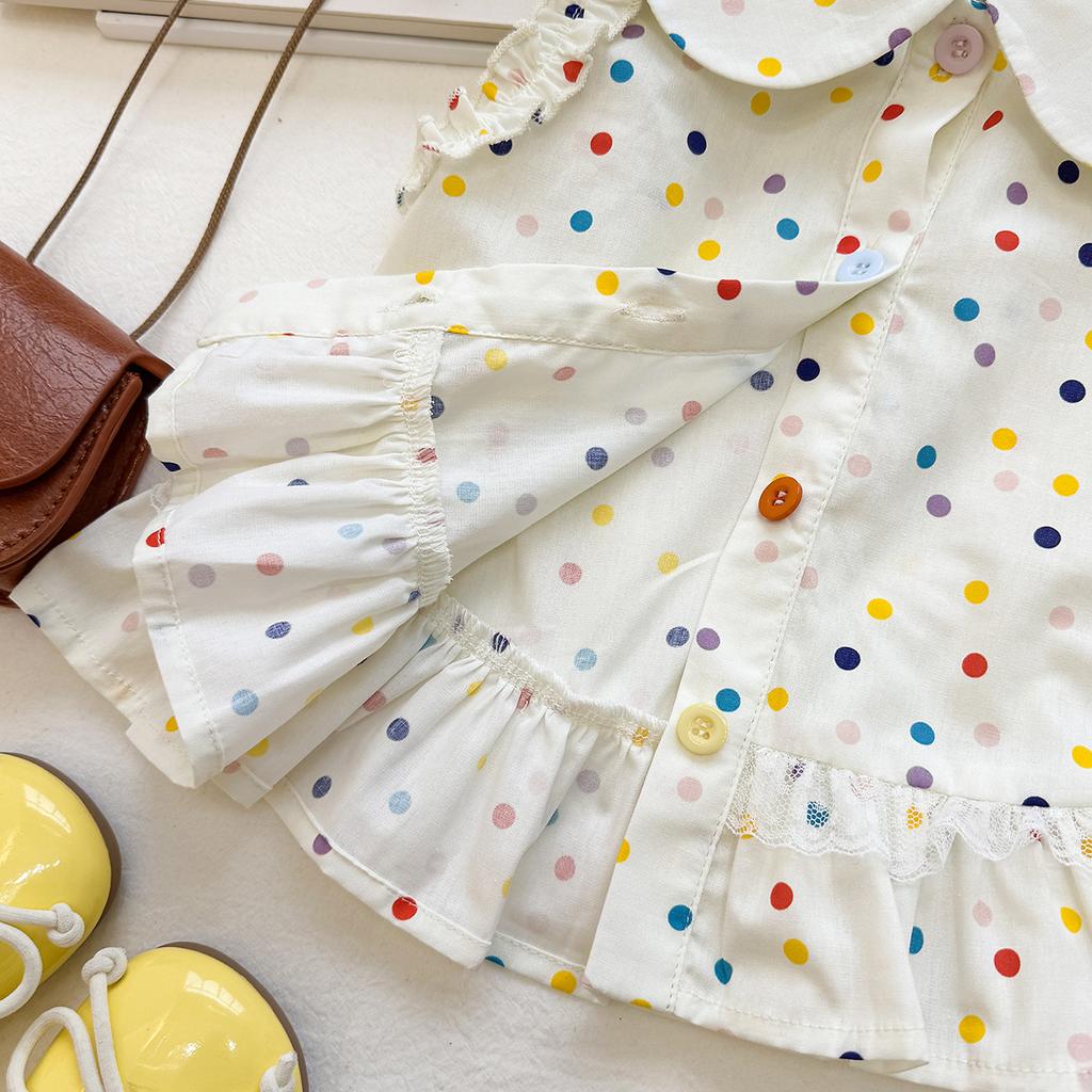 Summer Girls Polka Dot Peter Pan Collar Vest And Ruffle Skirt Casual Two Piece Set