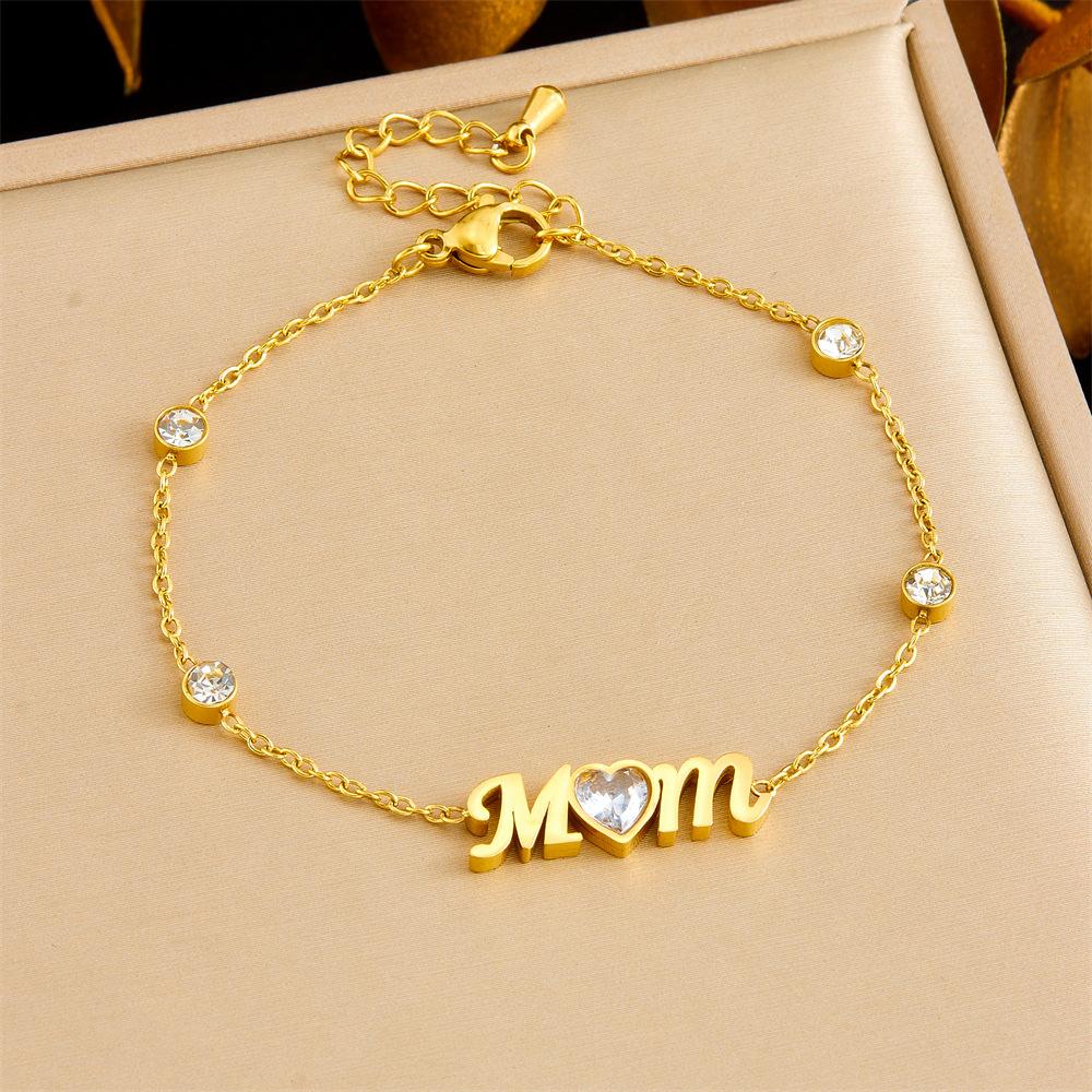 Fashion Simple Gold Diamond Heart MOM Charm Chain Ladies Daily Bracelet