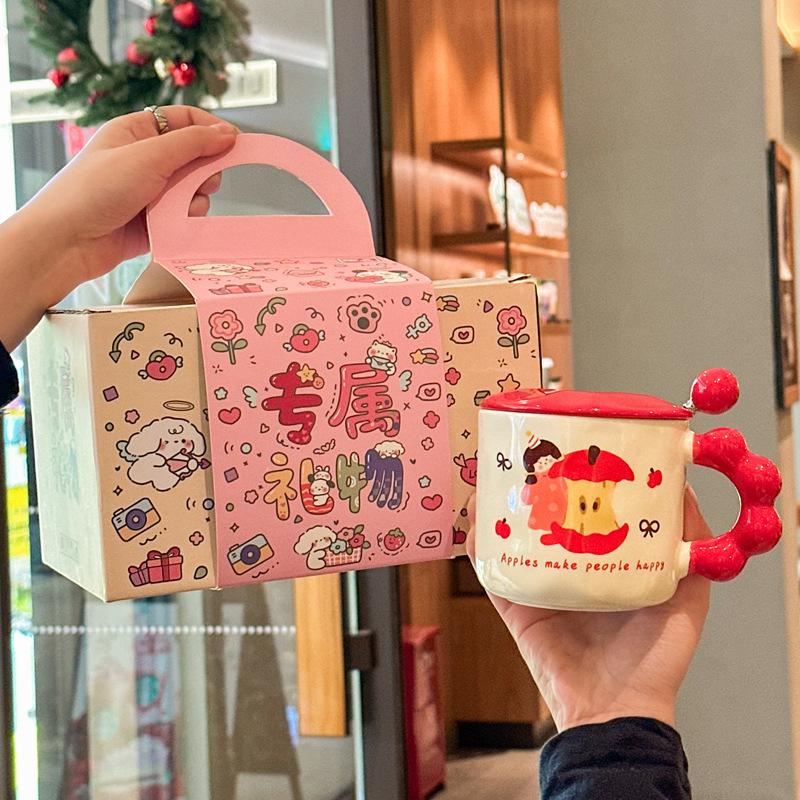 Girl Heart Apple Girl Cup Cute Ceramic Cup with Lid Spoon Girl Large Capacity Coffee Mug Souvenir