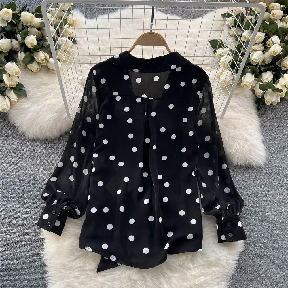 Chiffon Shirt Women's Summer Outfit Sweet Polka Dot Bubble Sleeves Versatile Base Shirt Top Women