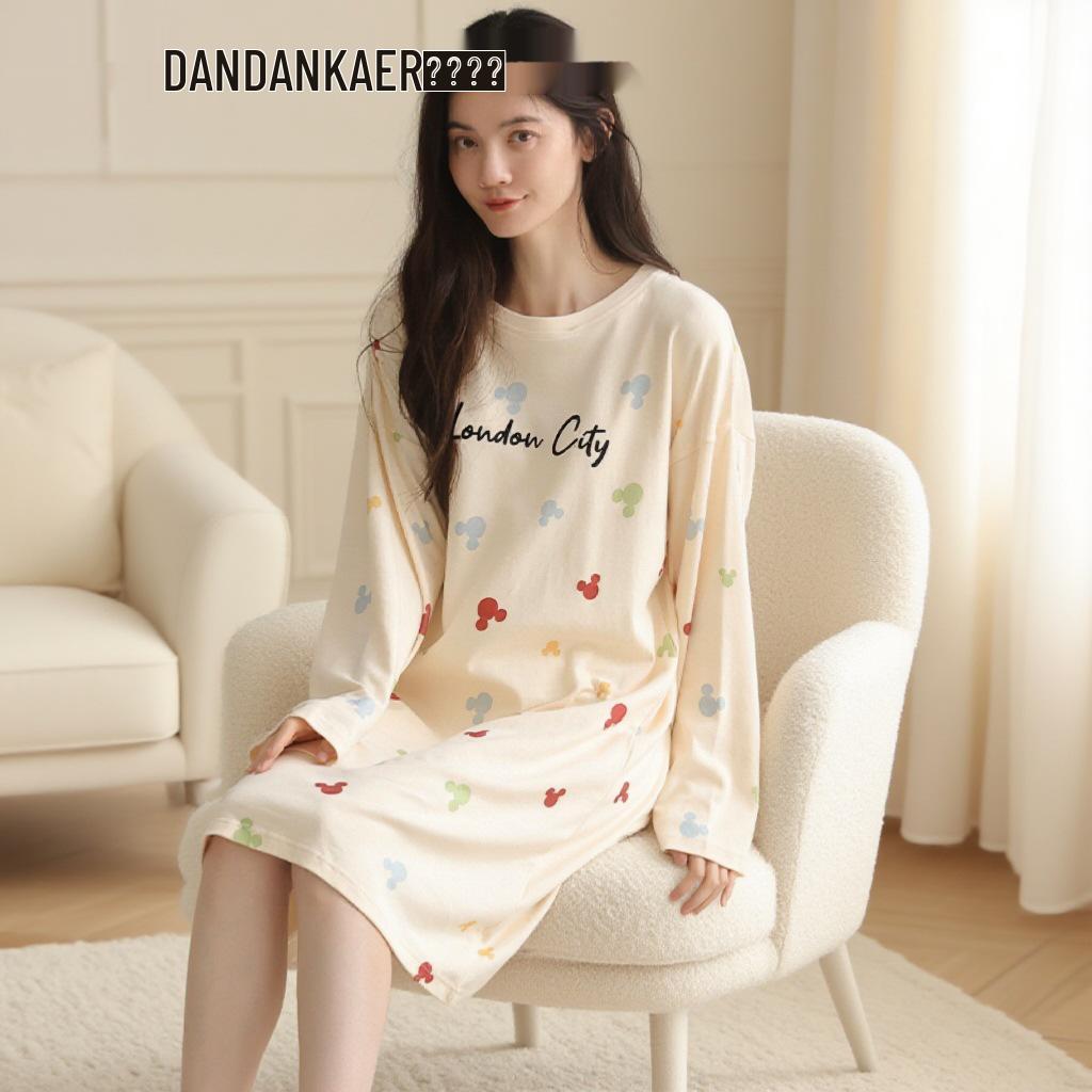 Damen Süßer Stil Langarm Mittellang Baumwoll-Nachthemd für Herbst