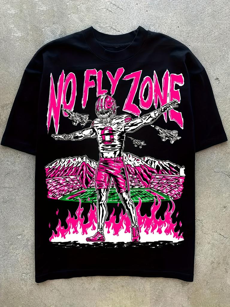 NO FLY ZONE Graphic Print Unisex's Creative Top, Casual Short Sleeve Crew Neck T-shirt, Unisex's Clothing For Summer Outdoor