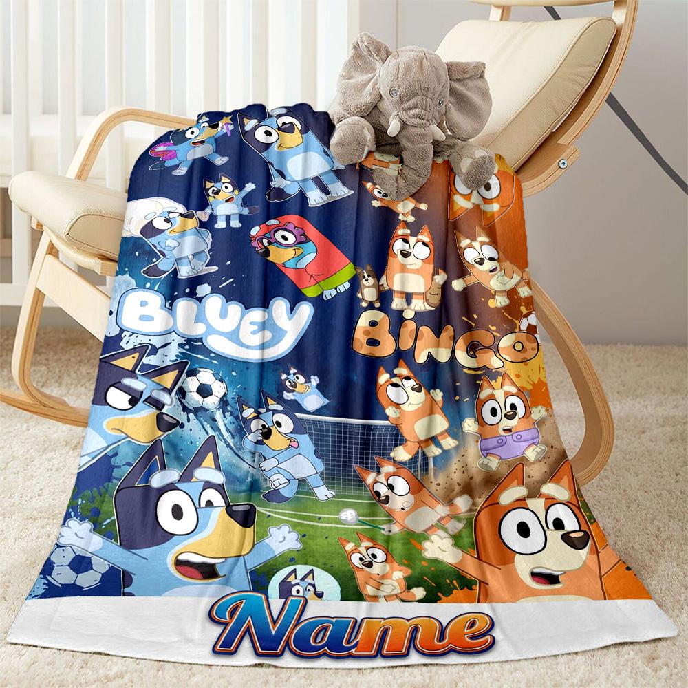 Bluey's Soccer Fun Personalized Name Blanket Gift Customizable Blanket Durable Comfort for Couch Home Decor Bedding Living Room for All Occasions