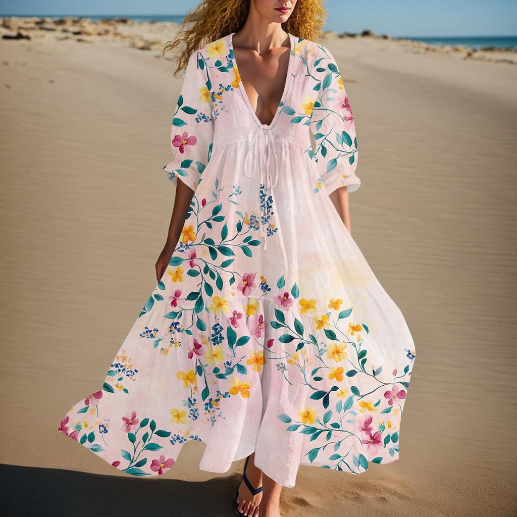Women's Summer Fashion V-neck Retro Floral Print Short Sleeved Beach Dress With Lace Patchwork Dress