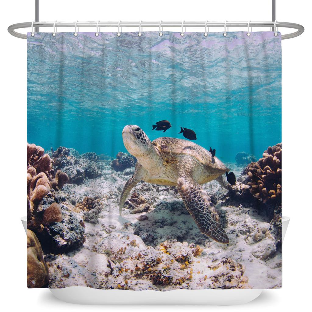 Underwater World Theme Bathroom Shower Curtain Sharks Turtles Jellyfish Decor Waterproof Bathroom Polyester Curtain With Hooks