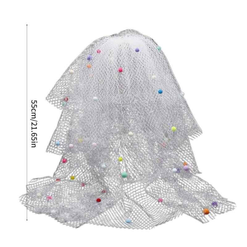 Graceful Bride Lace Veil Women Masquerade Tulle Bachelorette Party Veil with Color Pompoms for Girls Photography