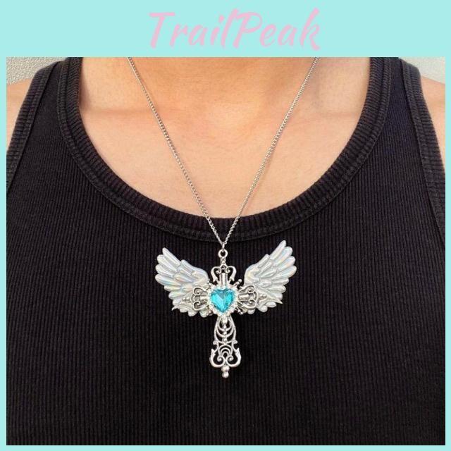 Elegant Y2k Gothic Cross Necklace With Olink Chain And Unique Angel Wing Design