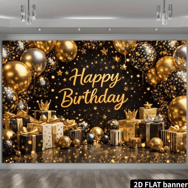 2D Black Gold Happy Birthday Backdrop Banner Photography Background Party Decor