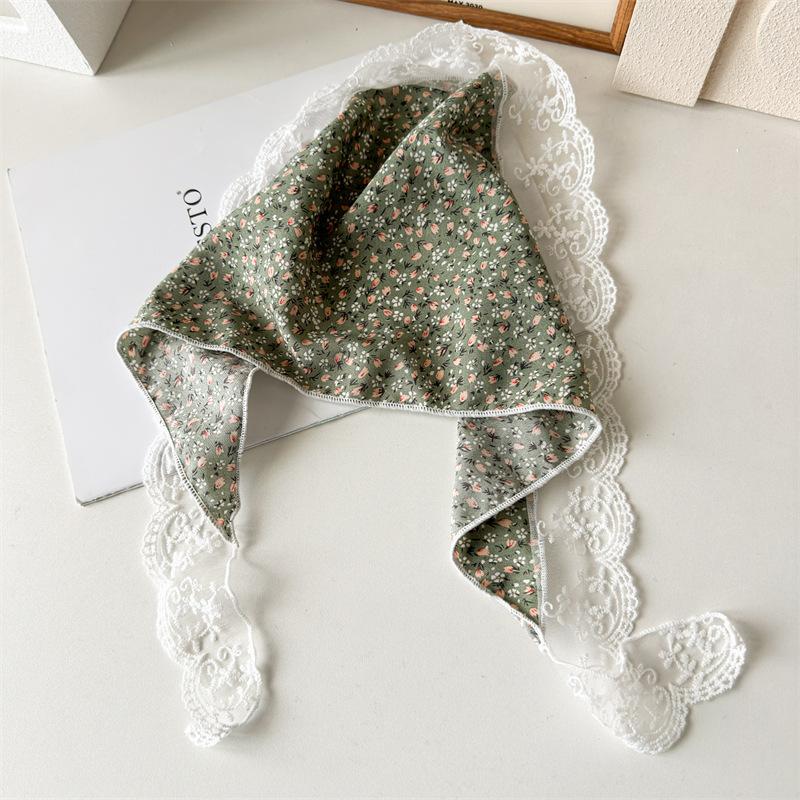 2024 Summer Pastoral Style Lace Floral Fabric Headscarf for Women, Beach Vacation Fresh and Simple Headscarf Green