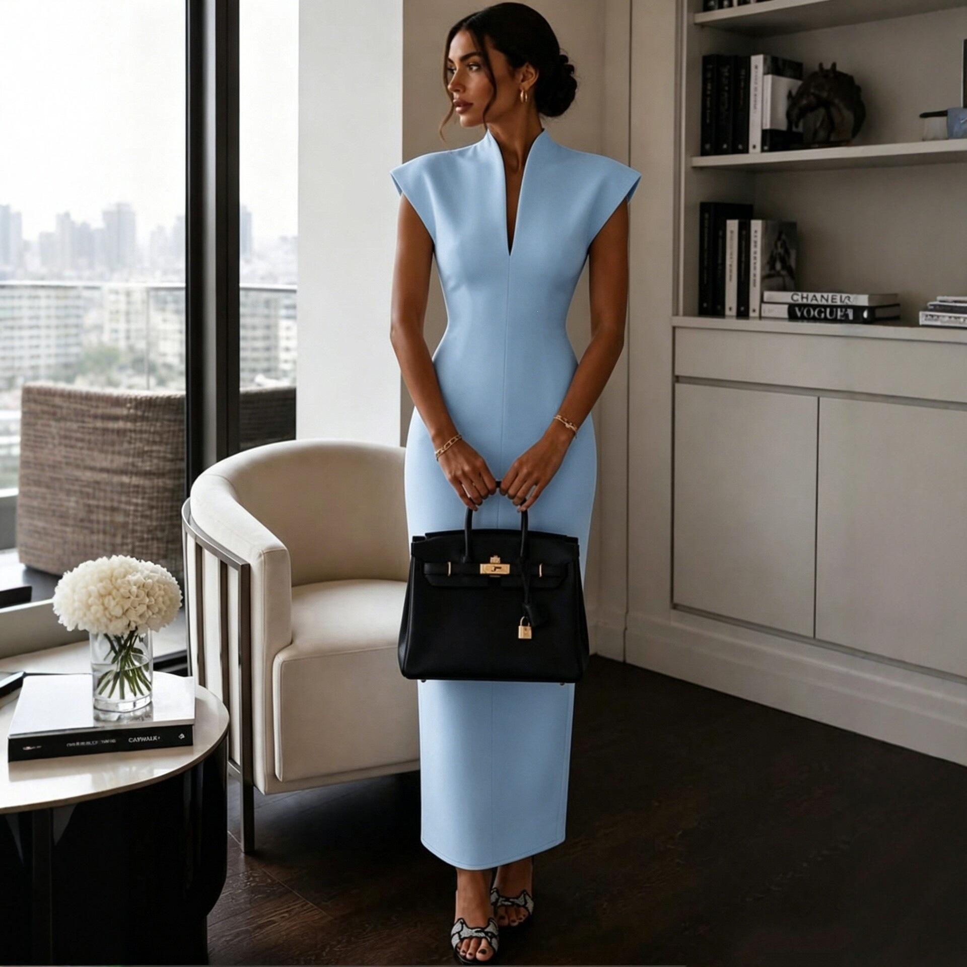 Neues, Stehkragen V-Ausschnitt ärmelloses taillenbetontes Hüftkleid, Kleid Kleid. XL