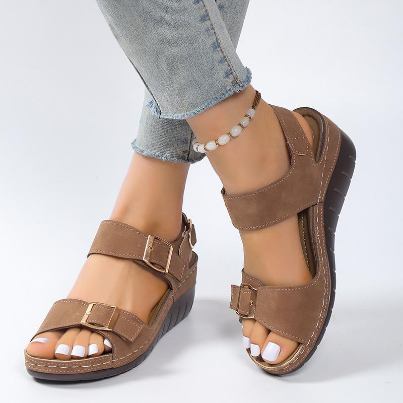 

2024 new sandals women s wedge heel thick sole one-word buckle sandals 41 коричневий