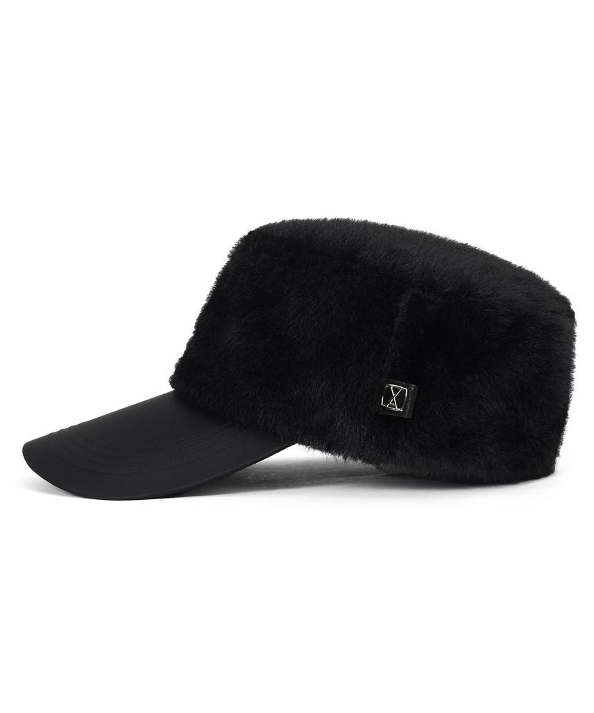 Bajal Va Square Fly Label Fur Bellboy Cap Black