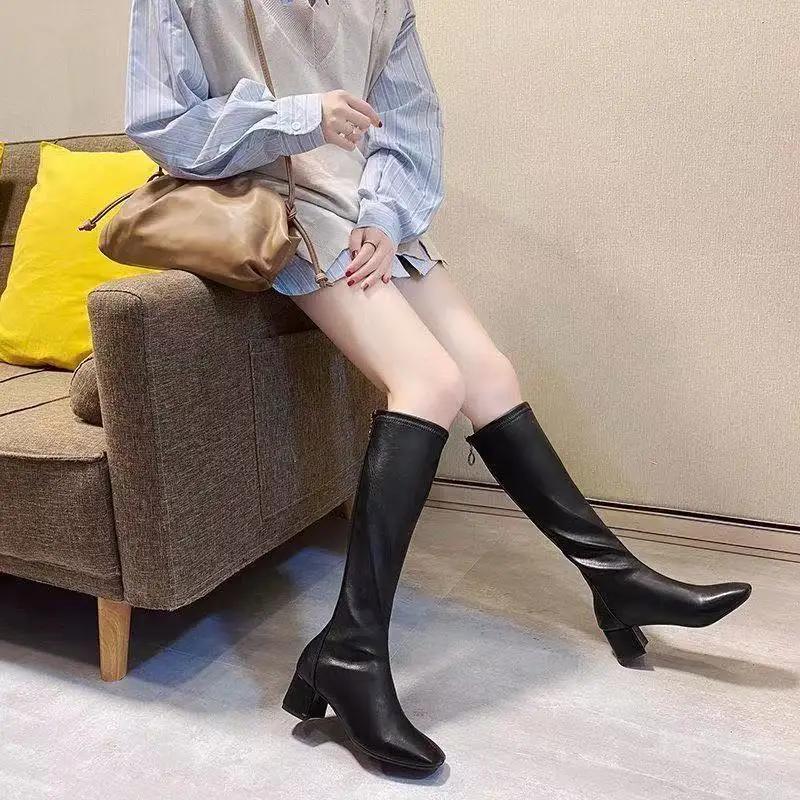 Fashion Square Toe Women's Long Boots Quality Leather Pu New Rock Spring 2024 Ladies Knee High Shaft Shoes on Promotion Demi-season Work
