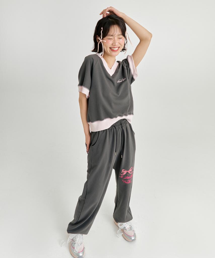 ADOREBELLE V-Neck Ribbon Sweatshirt - Charcoal