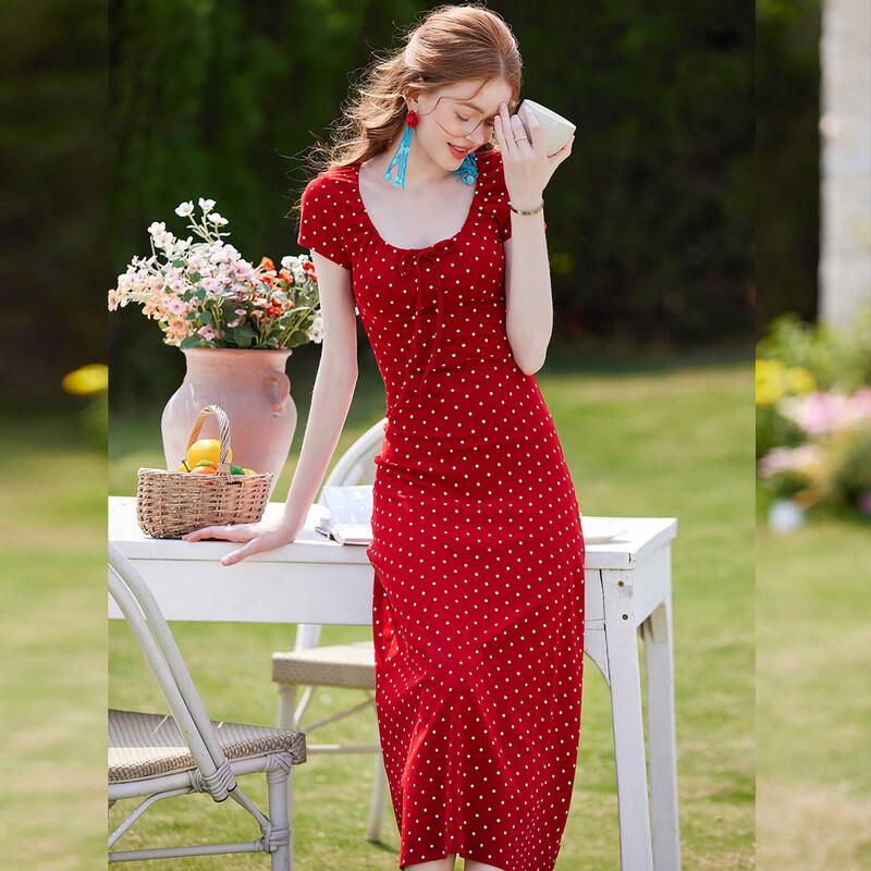 Bailuyu Women's Polka Dot U-Neck Slim-Fit Long Dress