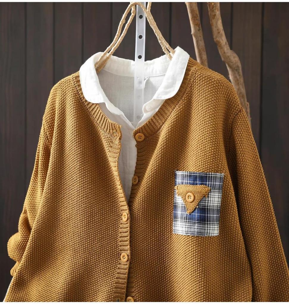 Women's Yellow Cotton Cardigan with Pockets - 2026 Spring Collection, Artistic & Lazy Style Knitwear