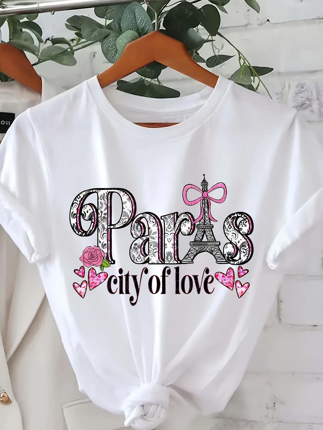 Paris Letter Print Womens TShirt  Soft Short Sleeve Round Neck Casual Top with Eiffel Tower Summer Outfits Ladies T Shirts S