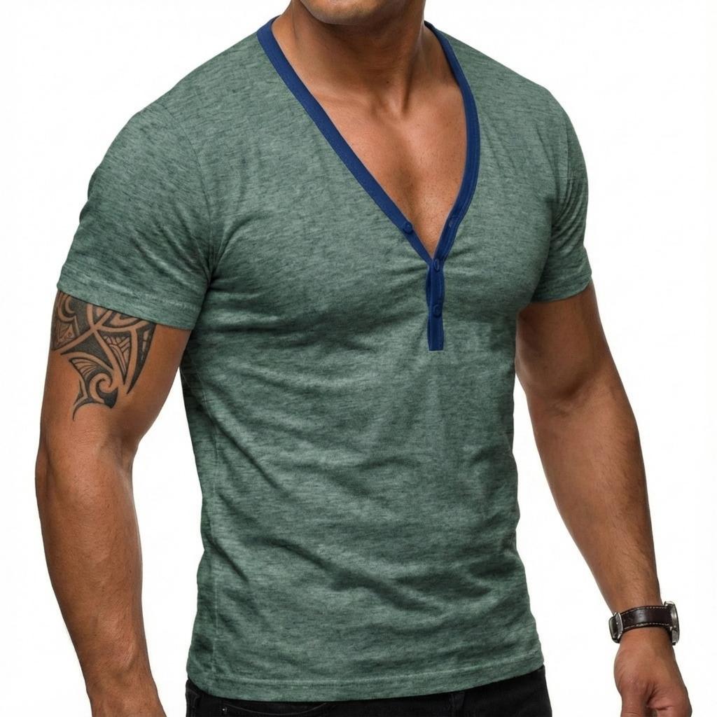 Men's Casual Base Layer Sportswear, Men's Color-blocked Low-cut V-neck Short-sleeved T-shirt Top