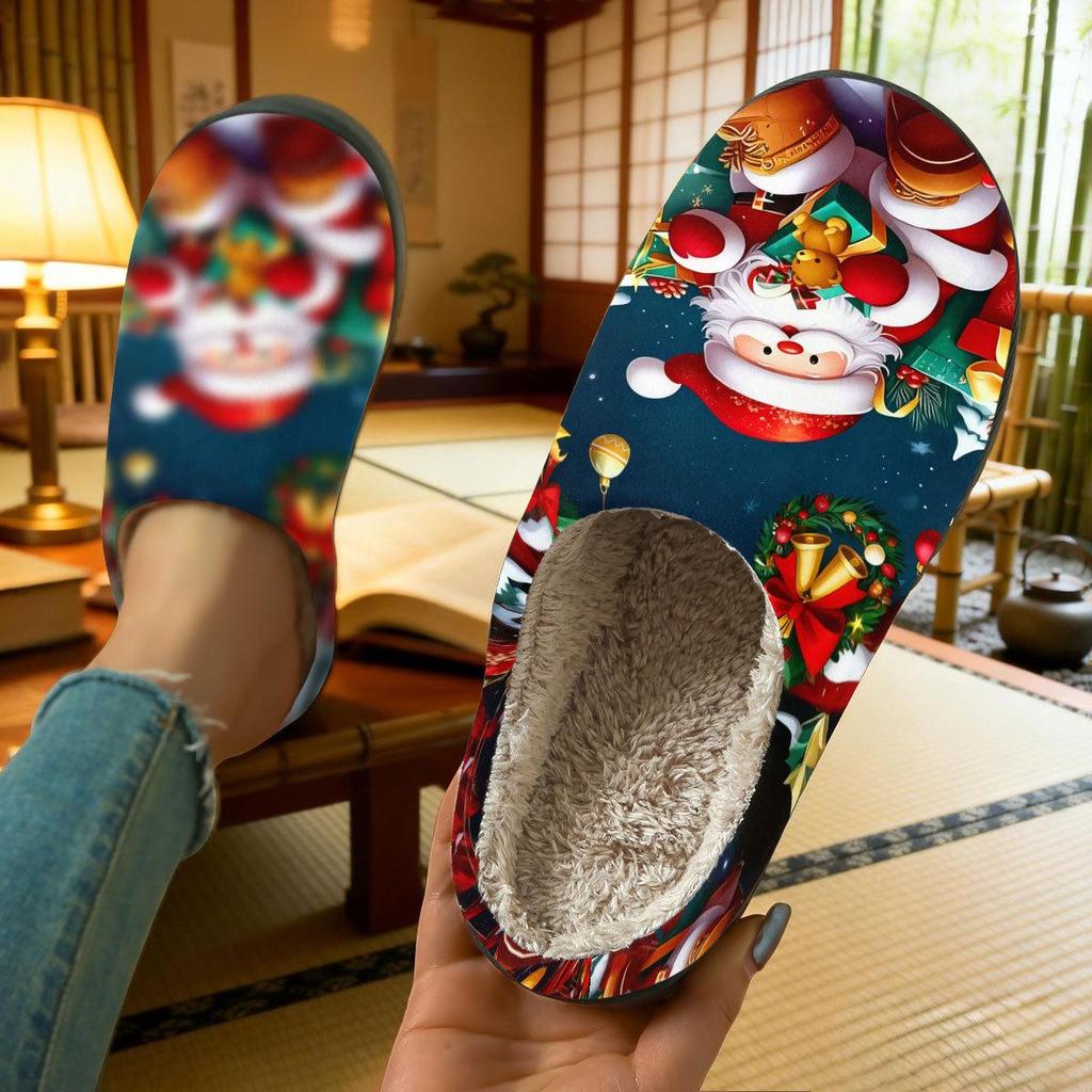 Unisex Christmas Print Cotton Slippers - Warm for Autumn/Winter Home Use