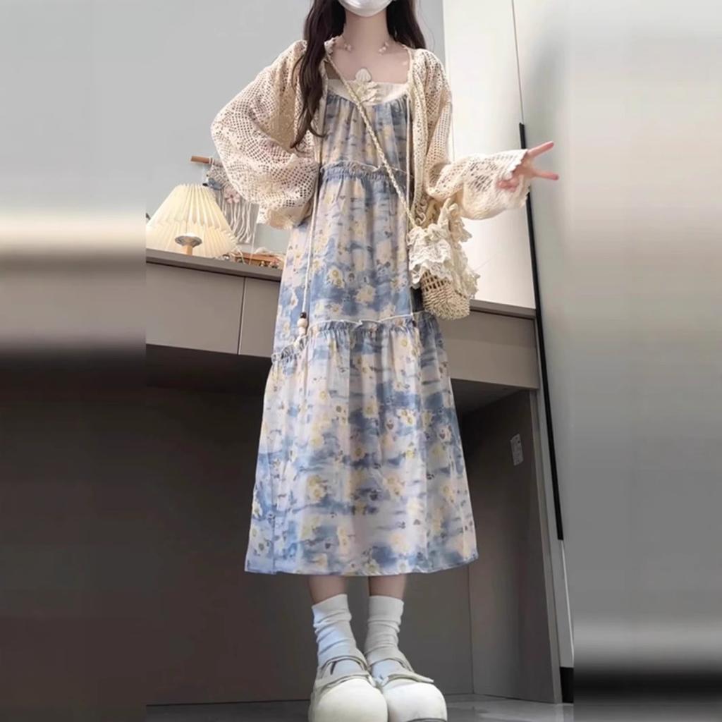 Summer new holiday wind floral suspender dress pastoral small ethnic Mori seaside beach long dress women