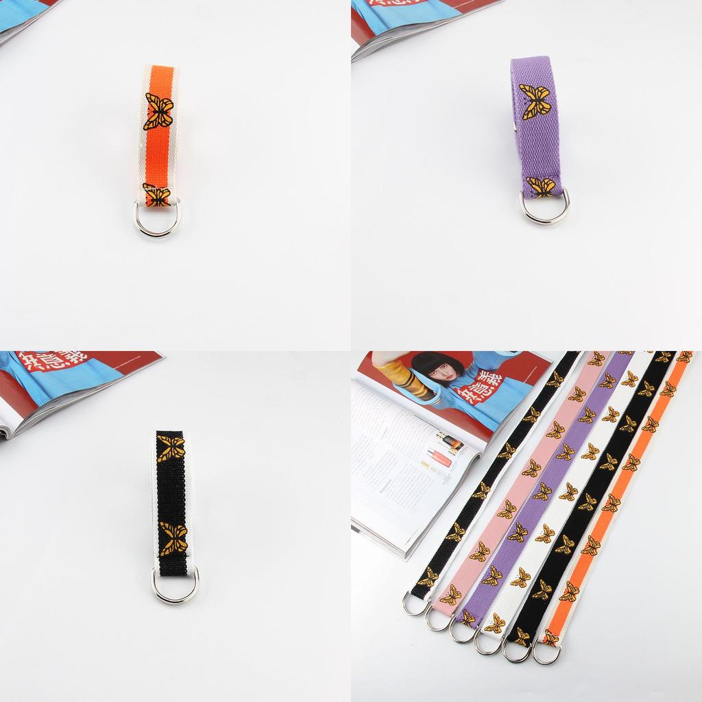 Stylish Canvas Waist Belt With Butterfly Design Double Ring Buckle For Casual Streetwear