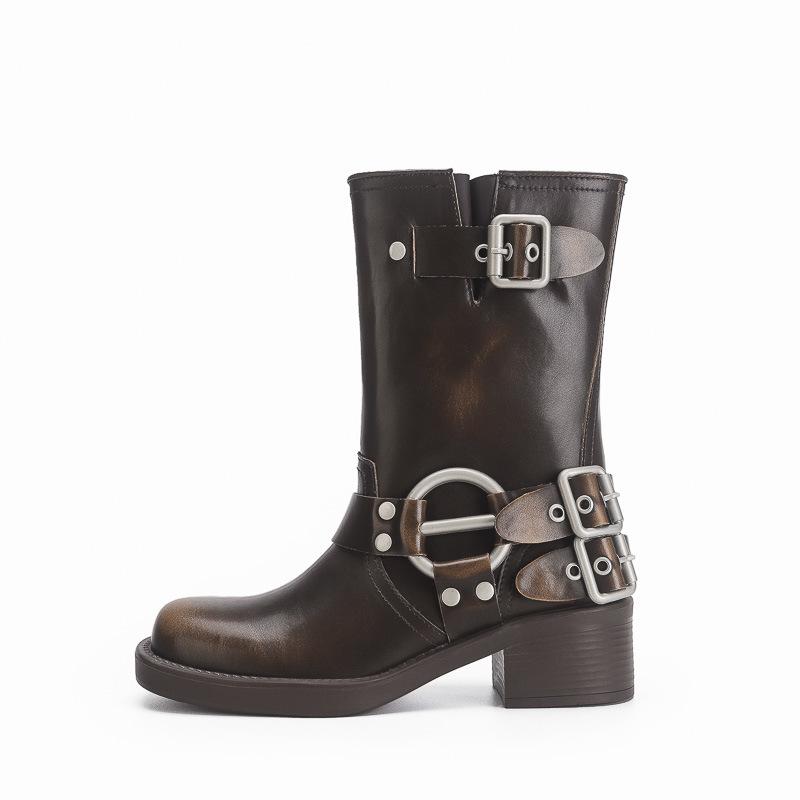 Polierte Retro-Western-Cowboystiefel Ritterstiefel dicker Absatz mittelhohe Zigarettenstiefel 2025 neue eckige Spitze Lokomotivstiefel