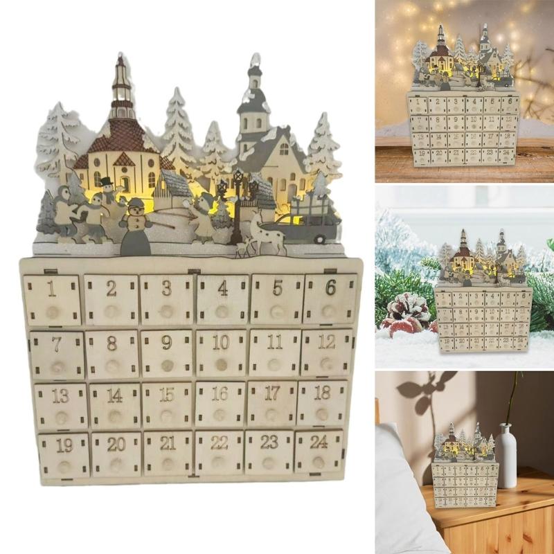 Lighted Wood Advent Calendar with 24 Drawer Countdown to Christmas Decoration Handmade Desktop Ornament Accessories