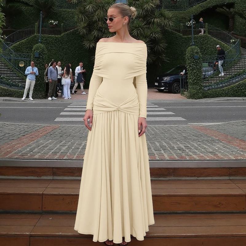 

French Women s Clothing Autumn New Fashion One-word Collar Waist Pleated Long-sleeved Dress L абрикосовий