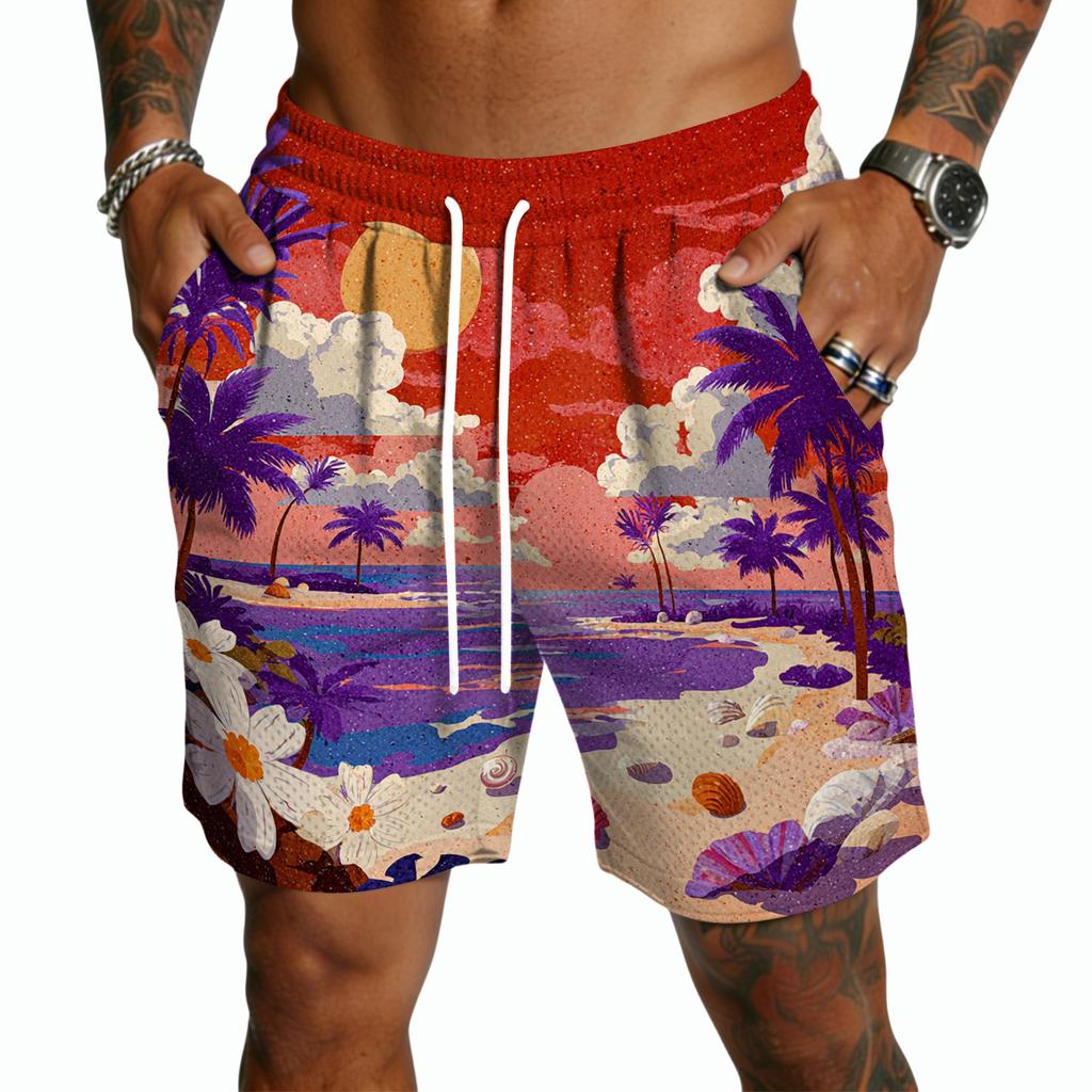 Herren Freizeitshorts mit Kordelzug Leichte Schnelltrocknende Fünf-Punkt-Länge Strandbekleidung Hawaiianischer Print Sommer Sportbekleidung
