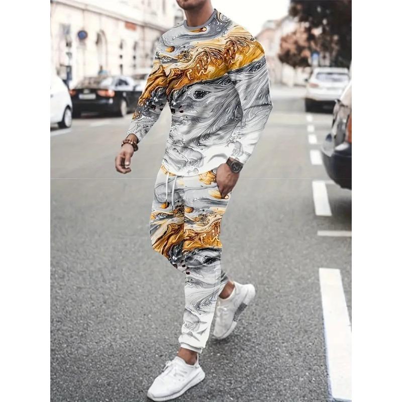 Autumn Men's Long Sleeve T-Shirts Pants Sets  Print Fashion Men Sportswear Man Clothes Street Tracksuit Jogger 2 Piece Outfits