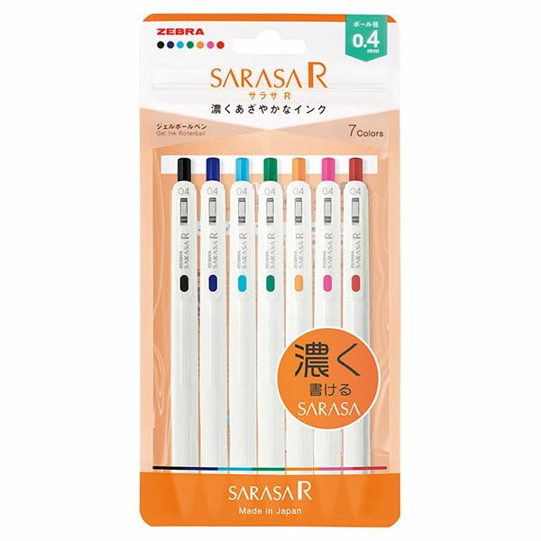 Zebra Sarasa R Gel Ballpoint Pen, 0.4mm, 7-Color Set, N, JJS29-R1-7C-N