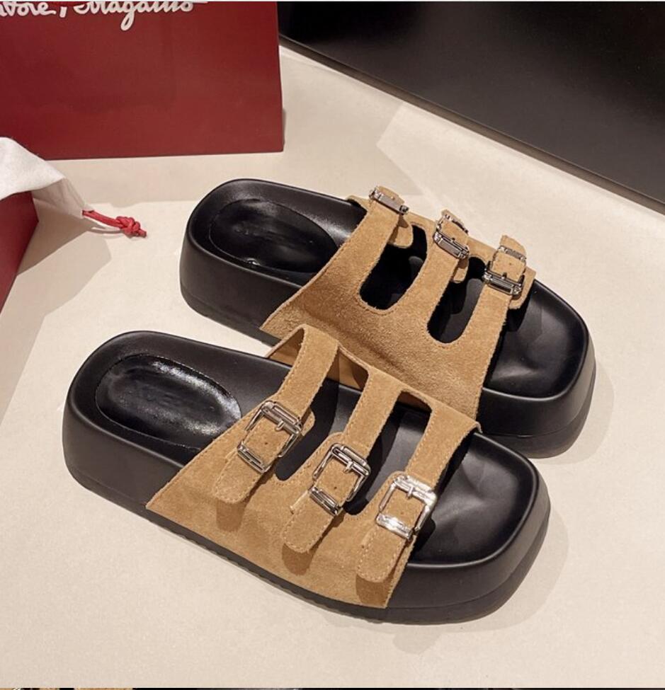 Fashion Retro Classic Thick-soled Slippers For Women New Fashion Suede Platform Sandals Summer Belt Buckle Beach Slides Woman Shoes