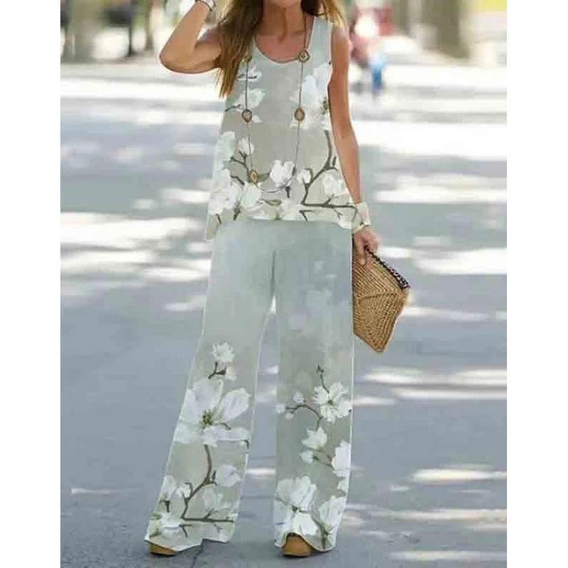 Damen-Freizeit-Zweiteiler mit Print, Weste mit elastischer Taille und Hose, Damenanzug.