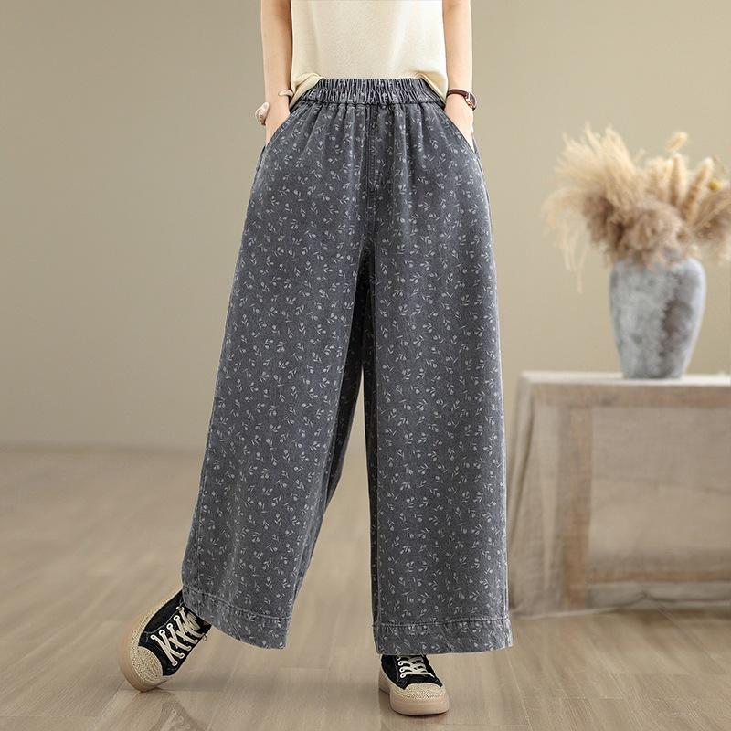 Retro New Chinese Style Personalized Printed Denim Wide-leg Pants Women's Summer New Loose Large Size Personalized Thin Casual Pants