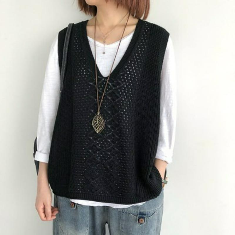 Knitted Vest Women's Vest Thin Loose Large Size Hollow Sleeveless Outer V-neck Waistcoat Retro Pullover Vest Women