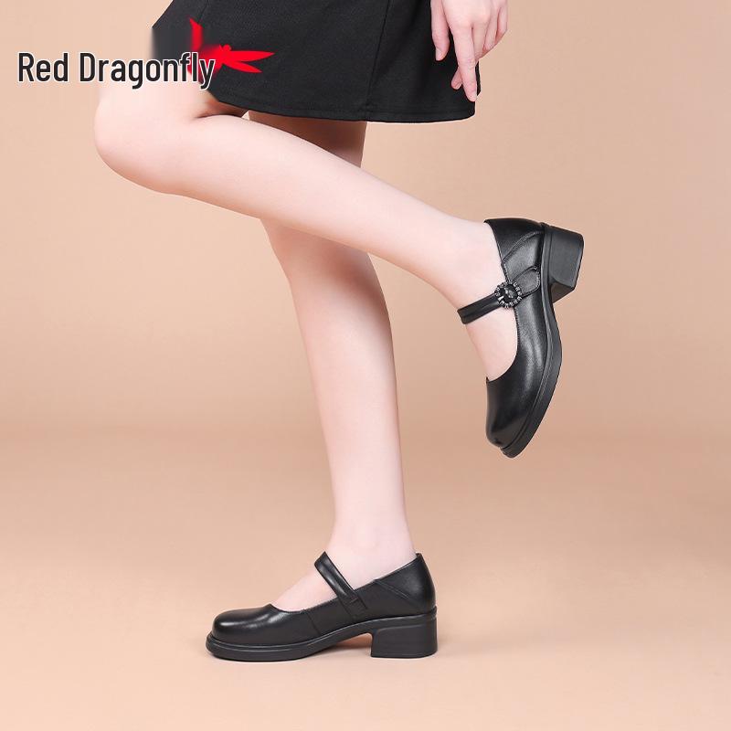 Red Dragonfly Women's Autumn Cowhide Mary Jane Shoes with Thick Heel and Height Increase Feature
