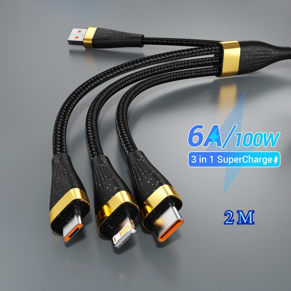 3 in 1 USB Super Charge Cable 6A 100W for Huawei Honor Portable Micro USB Type C Cable Charging Cable For iPhone 15 14 Samsung