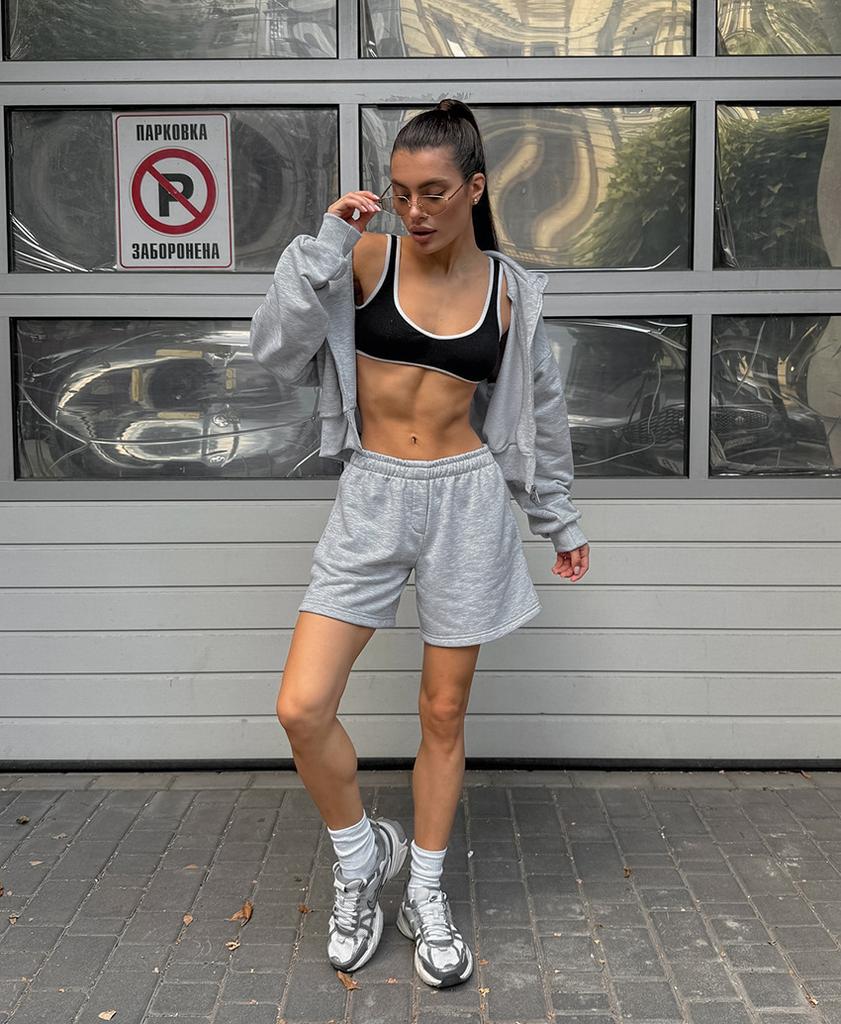 European and American fashion gray hooded sweatshirt set for women, 1116 autumn/winter sporty casual jacket and shorts, two-piece set for women
